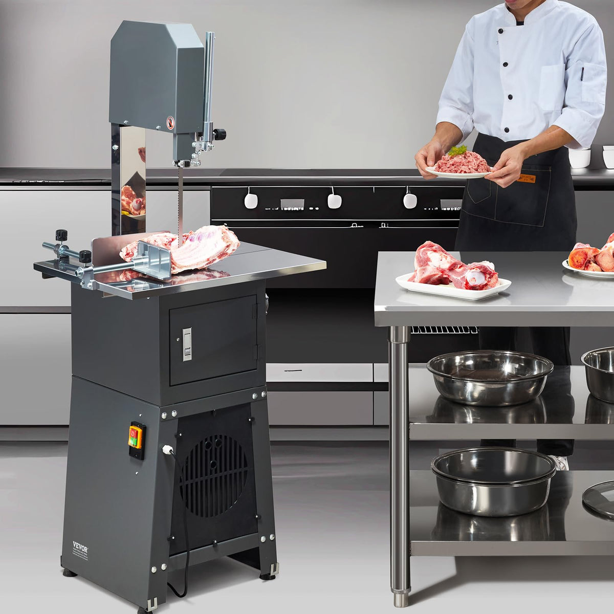 VEVOR Commercial Electric Meat Bandsaw, 550W Stainless Steel Vertical Bone Sawing Machine, 19.1"x15" Workbench, 7.09 Inch Cutting Thickness, Frozen Meat Cutter with Blade for Rib Pork Beef