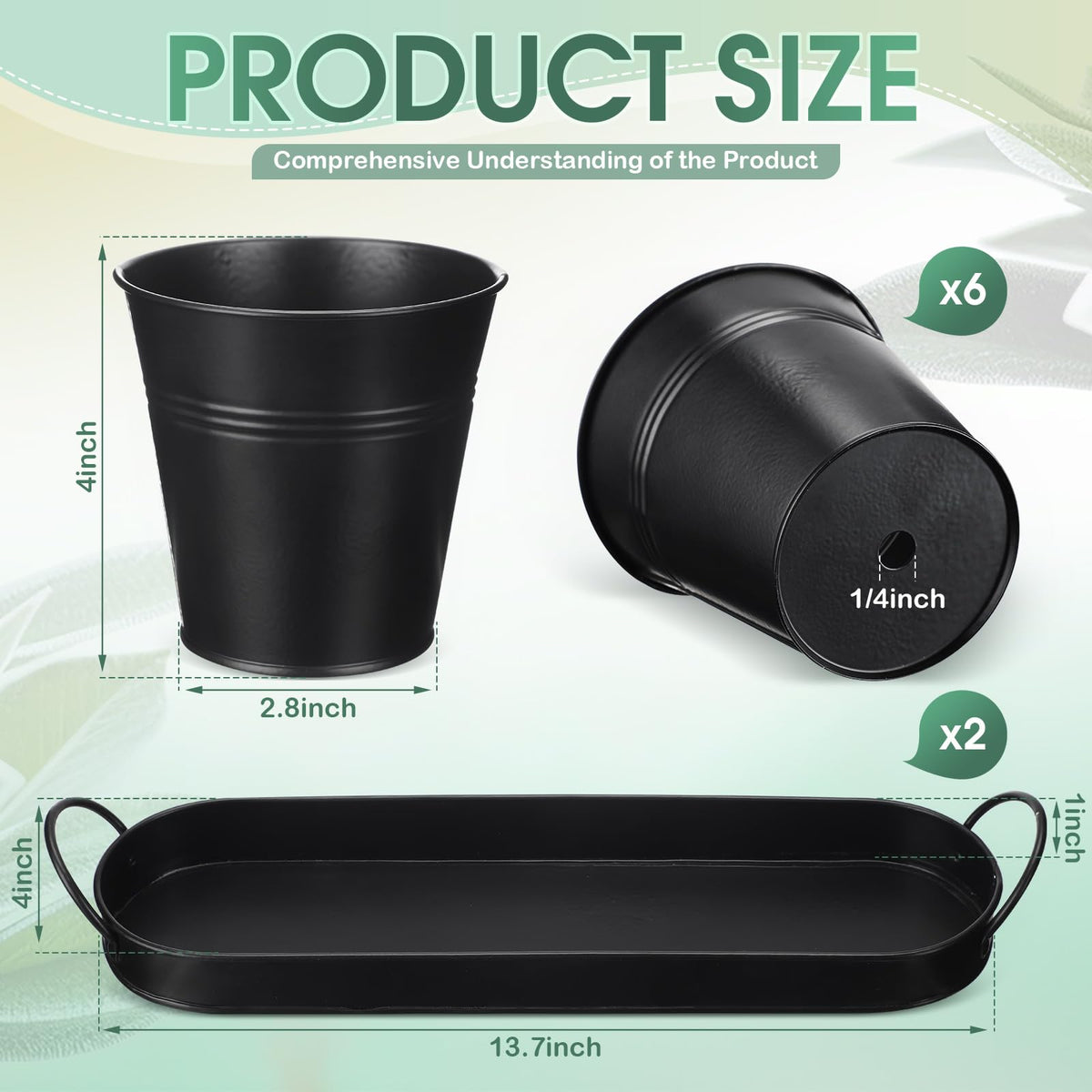 Hicarer 2 Sets Herb Planter with Tray Metal Herb Garden Planter with Drainage Farmhouse Windowsill Pots for Indoor Plants Flower Succulent Outdoor Kitchen Apartment Balcony Window (Black)