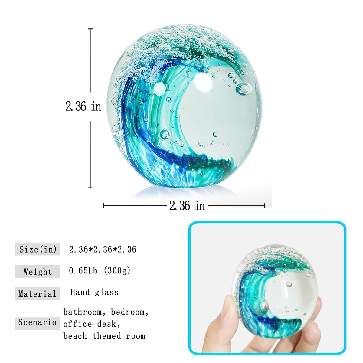 JUYOULE Hand Blown Ocean Wave Glass Ball ：Unique Gift for Beach Lovers，Beach Decorations for Home, Sea Glass Paperweight for Coastal Room Decor, Aquarium & Ocean Themed Decorations