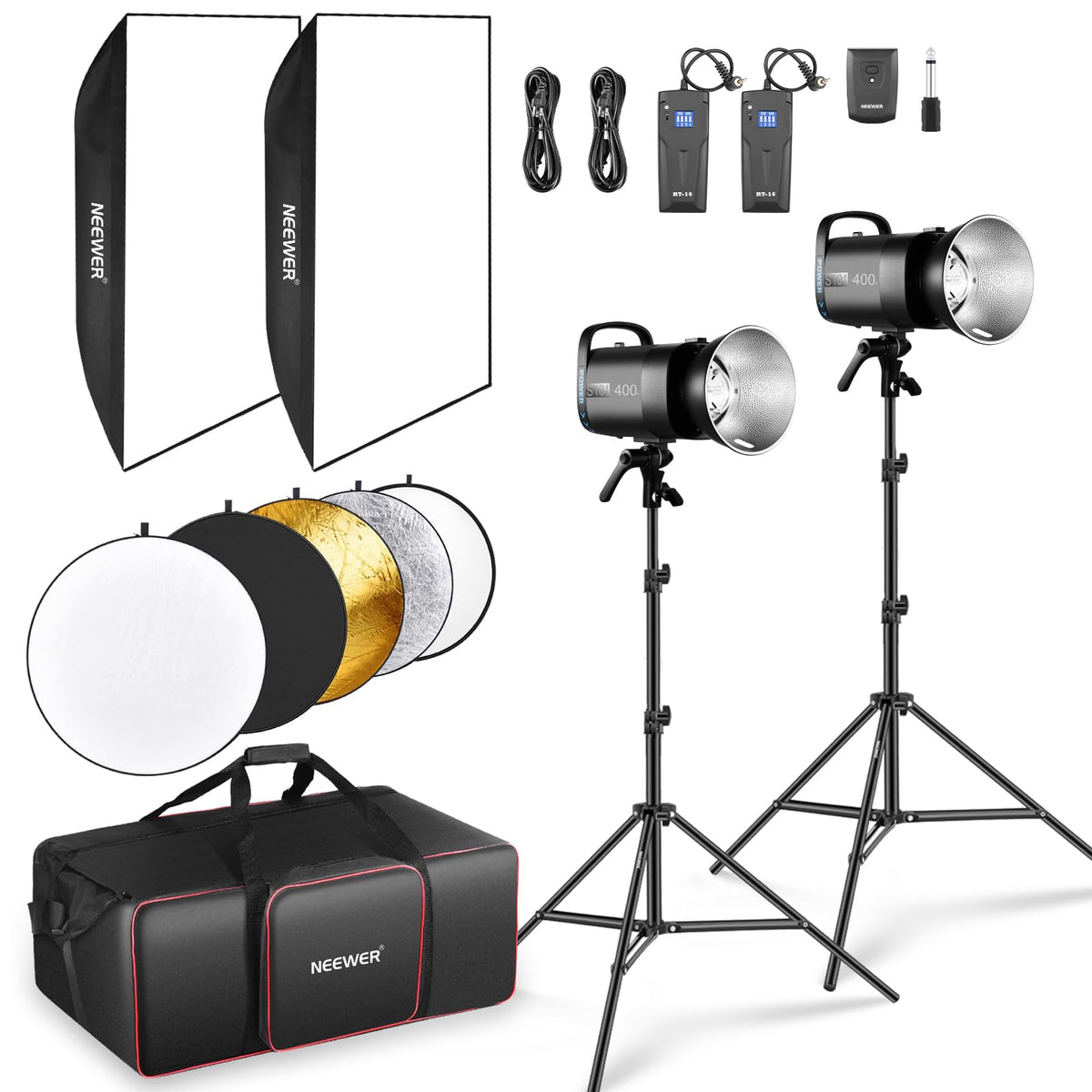 NEEWER 800Ws Studio Monolight Flash Light Kit (2 Pack), S101-400W 5600K Strobe Light with 150W Modeling Lamp/Bowens Mount/Softbox/Stand/Reflector/RT-16 Trigger/Bag for Portrait Product Photography
