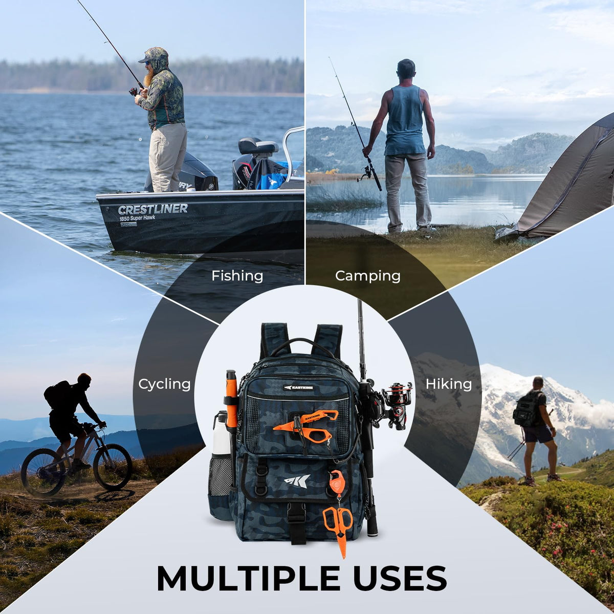 KastKing BaitSpace 50L Fishing Tackle Backpack with Removable Bait Binder & 4 Tackle Boxes,2 Rod Holders Storage Fishing Gear and Equipment,Blue Camo