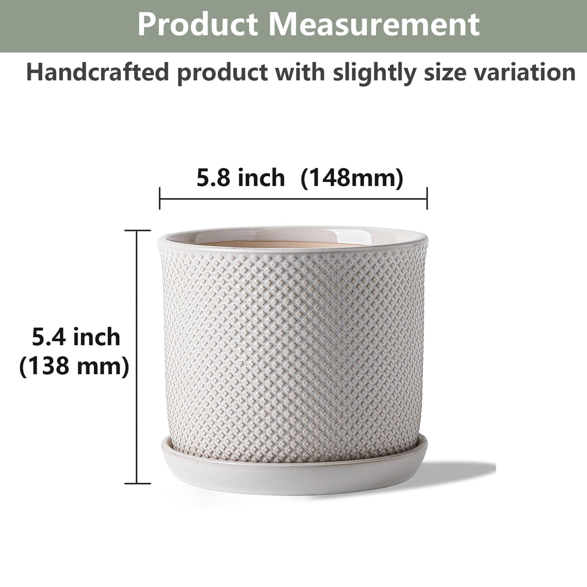 Chubacoo 5.8 Inch Plant Pot: Ceramic Planter with Drainage Hole & Saucer for Indoor Outdoor Plants - Flowerpot with Bonded Tray for Home Office - Beaded Embossed Style, Cream White