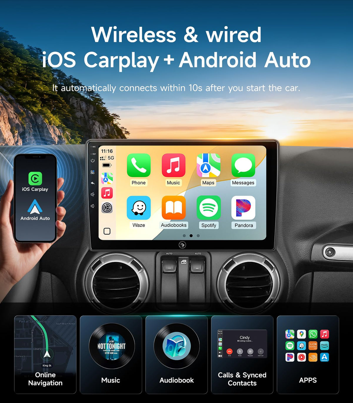 Car Radio Stereo Upgrade for Jeep Wrangler JK Compass Grand Cherokee Dodge Ram with Wireless CarPlay/Android Auto/10.2'' Touchscreen/Backup Camera