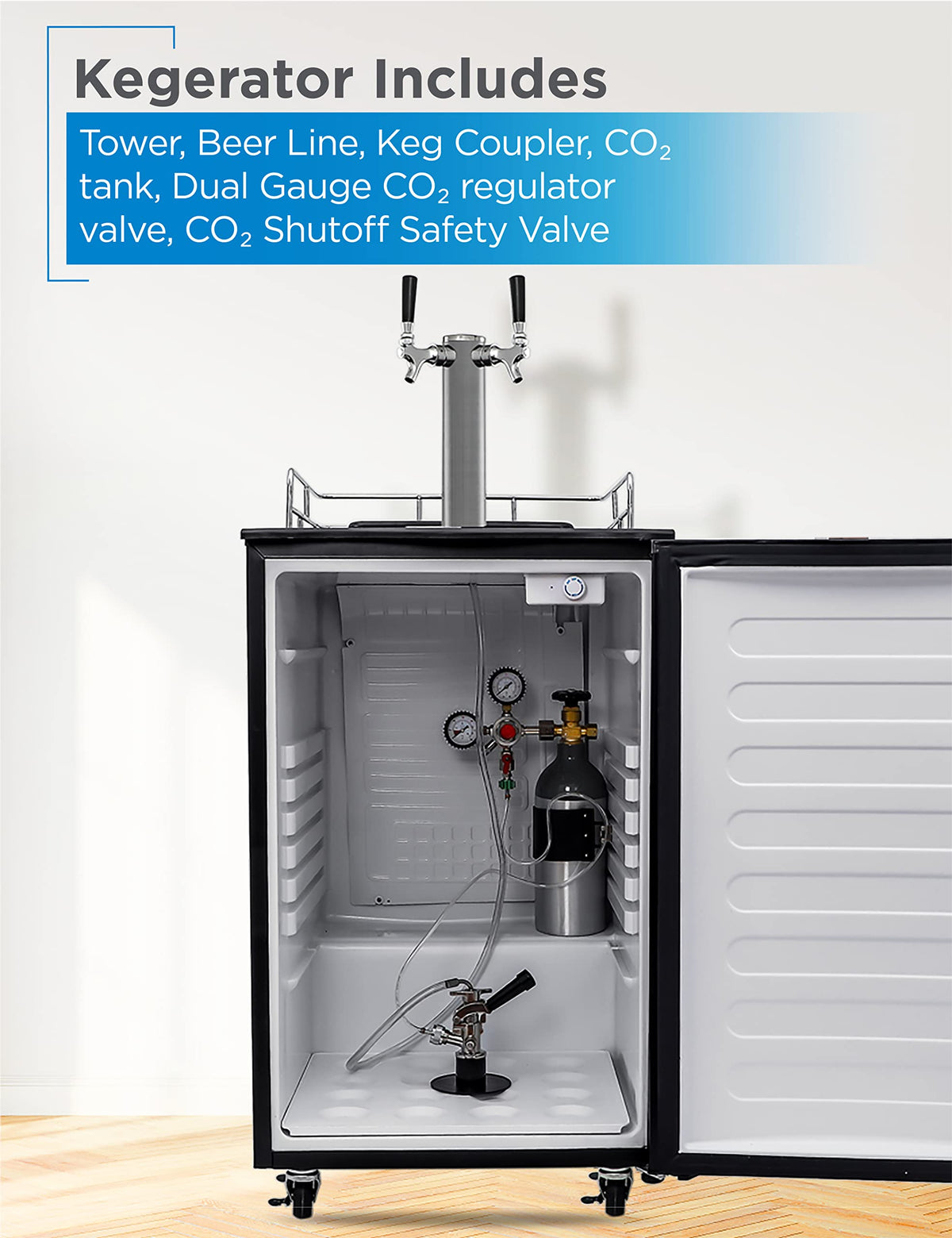 BLACK+DECKER Beer Kegerator, 6.1 Cu. Ft. Extra Large Capacity Draft Beer Machine for Home with Double Tap & 2-Shelf Fridge