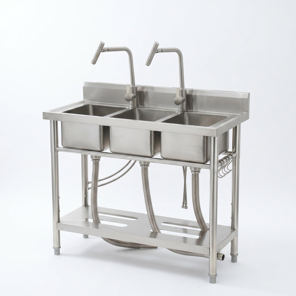 Utility Sink Freestanding Three Bowl Stainless Steel Sink, 39 x 18 x 36 Inch, No Drawer Stand and Two T-Shaped Faucets, Laundry Sink for Kitchen, Bathroom, Garage and Patio