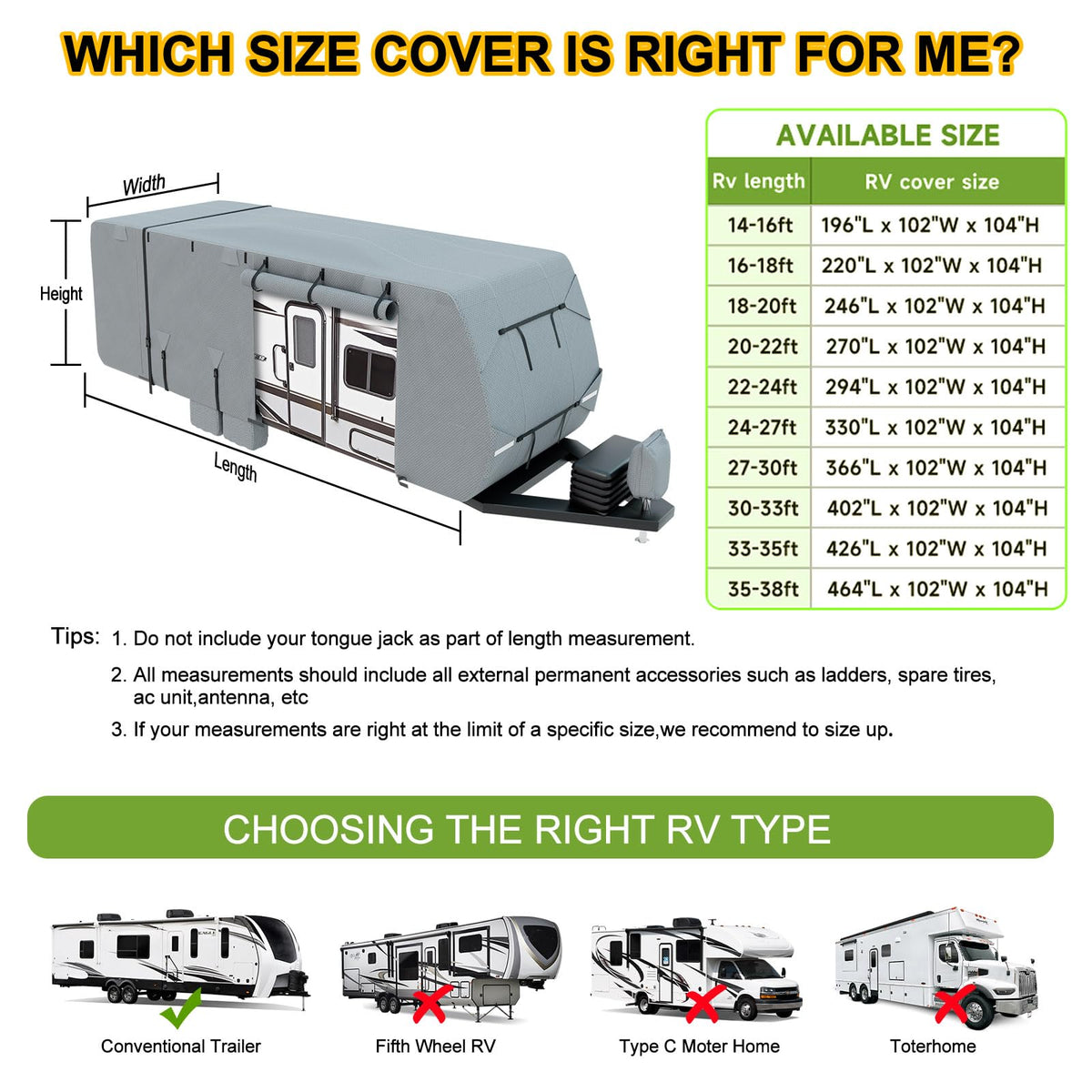 DenForste RV Cover 33-35ft, Travel Trailer Heavy Duty Extra-Thick 8 Layers Anti-UV Waterproof Windproof Camper Cover with Tongue Jack Cover, Extra Windproof Ropes, Gutter Covers