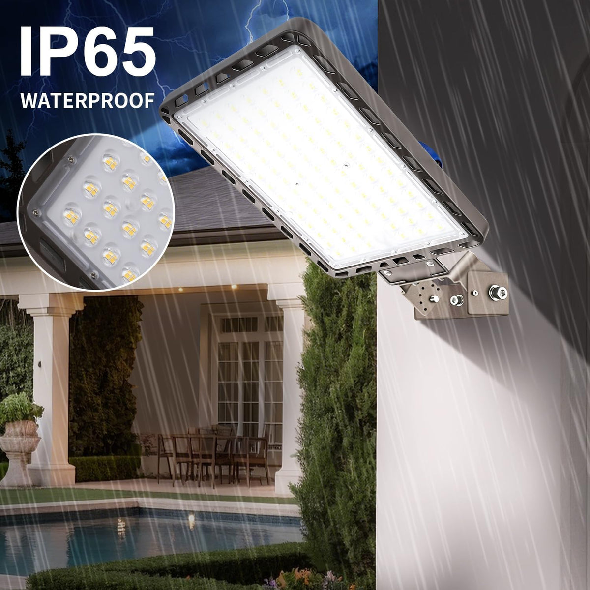 Juyace 4-Pack 240W LED Parking Lot Light with Photocell, 36,000LM 5000K Dusk to Dawn Security Flood Light, IP65 Commercial Area Light with Trunnion Bracket for Warehouse Street Yard (110-277V)