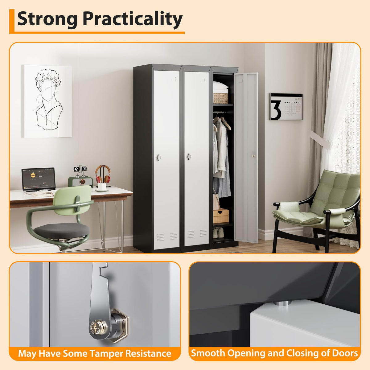 Metal Storage Locker, Single-Door Metal Storage Locker with Shelves, Ideal for Employees and Students, Suitable for Schools, Offices, Gyms, Homes, and More; Easy Assembly, Grey & Black
