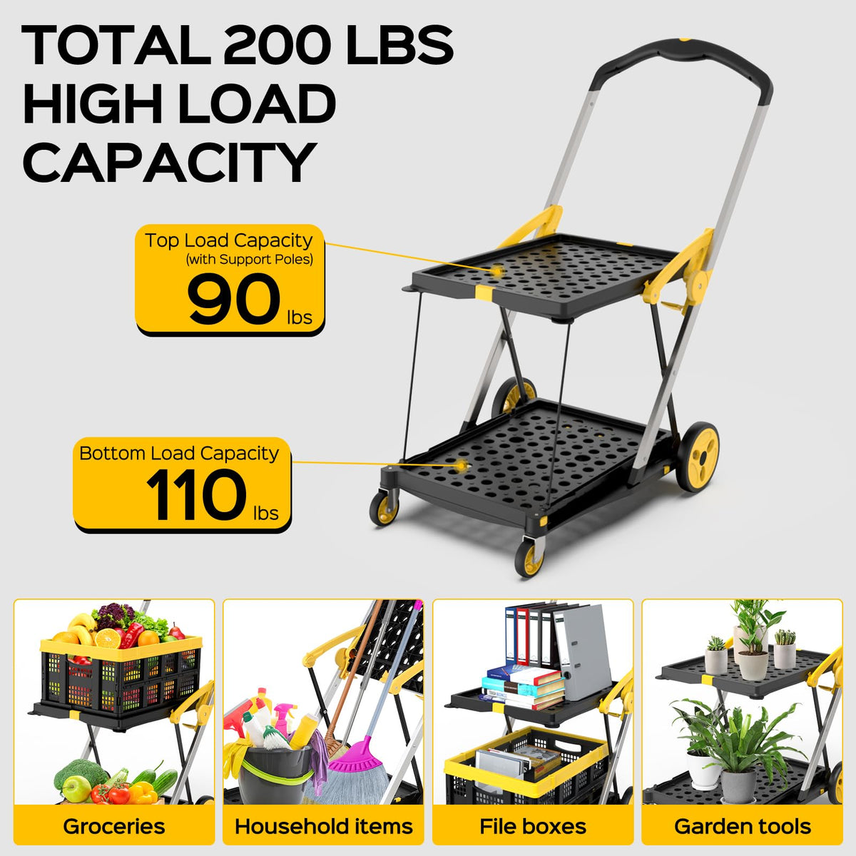 TOLRET Collapsible Shopping Cart with Wheels, 200 lbs Capacity Grocery Cart on Wheels with Storage Crate, Platform Hand Truck with Foot Brake, Yellow