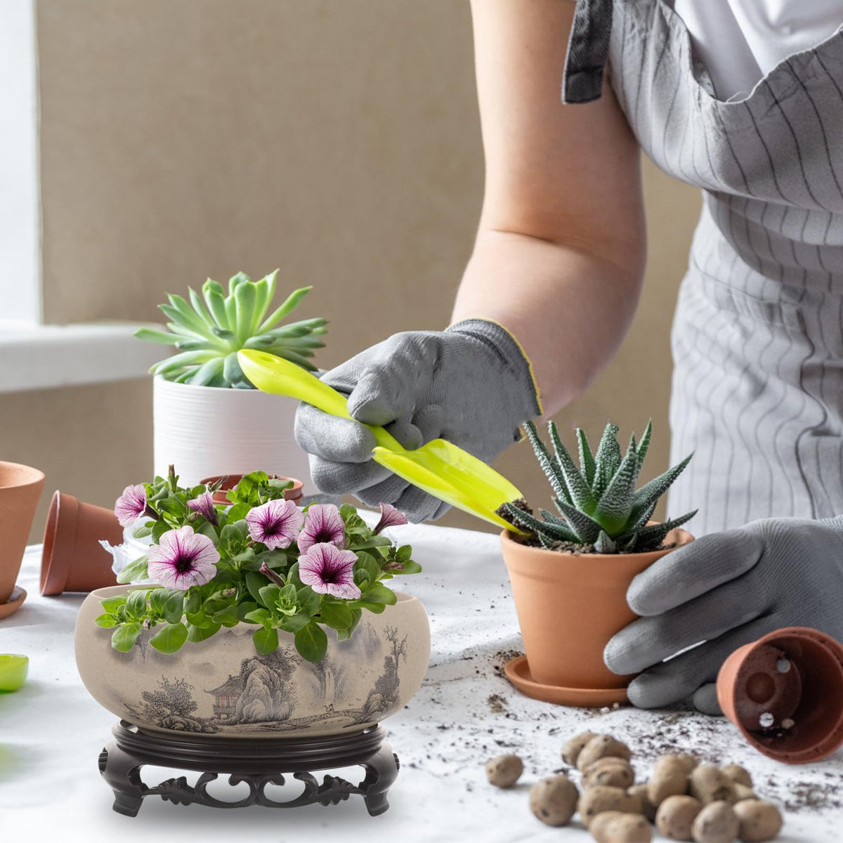 Water Lily Bowl Planter - Narcissus Bonsai Pot Ceramics Hydroponic Lotus Planter Ceramic Water Lily Pot with Stand No Drainage Plant for Plants Display Lucky Bamboo Home Garden Chinese Fish Bowl