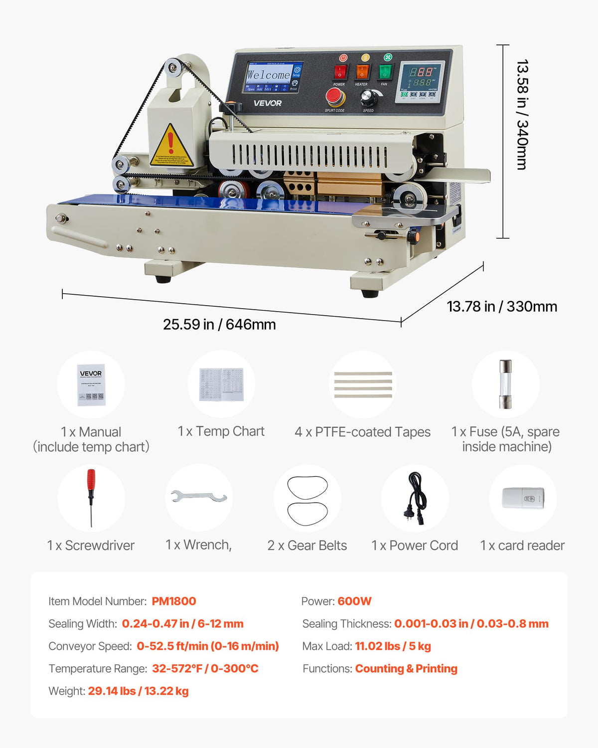 VEVOR Continuous Bag Band Sealing Machine, 0.24-0.47 in Seal Width, Horizontal Band Sealer Machine with Ink Printing, Temp & Speed Adjustable, Heat Sealing Machine for 0.001-0.03 in Plastic Bags