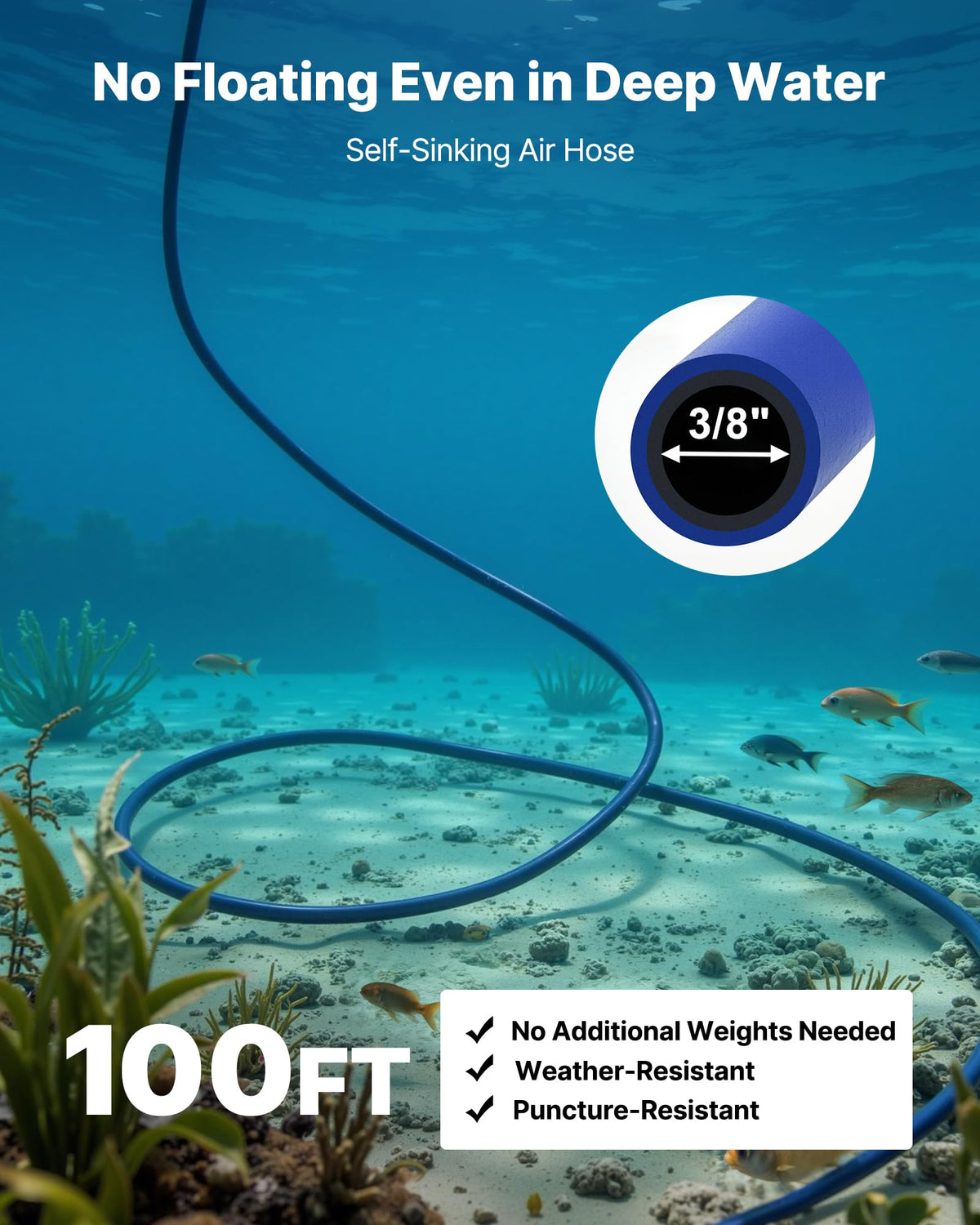 VEVOR Pond Aerators, 5.2CFM Aeration System for Lake up to 3 Acres, 3/4 HP Air Compressor, 2 Diffusesr & Two100' Weighted Tubings, Aeration Pump for Outdoor Ponds & Lakes Deep Water Oxygen Circulation