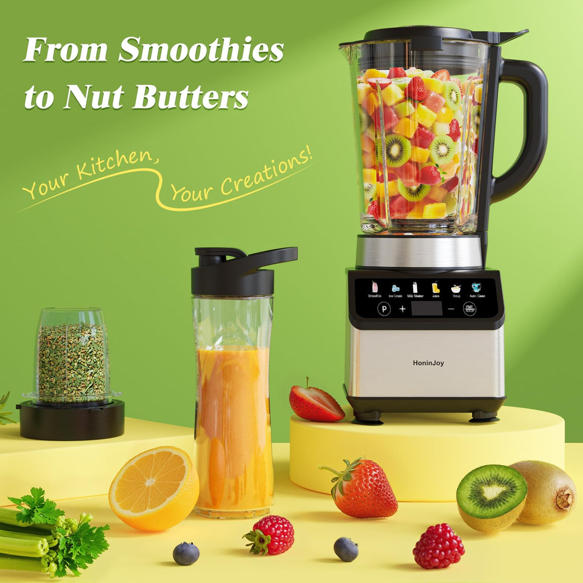 HoninJoy Blenders for Kitchen, Countertop Smoothie Blender with 51oz Glass Pitcher, Grinder & To-Go Cup Combo, 10 Speeds Digital Touchscreen Blender for Smoothies, Shake, Crush Ice, Dishwasher Safe