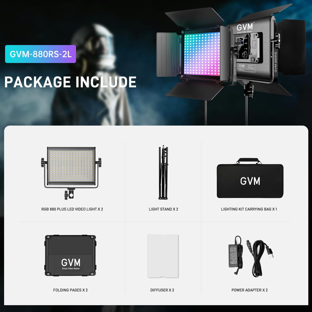 GVM RGB LED Video Light with Bluetooth Control, 60W Photography Studio Lighting Kit with Stands, 2-Packs 880RS Dimmable Led Panel Light for YouTube, Streaming, Gaming, 8 Applicable Scenes, CRI97