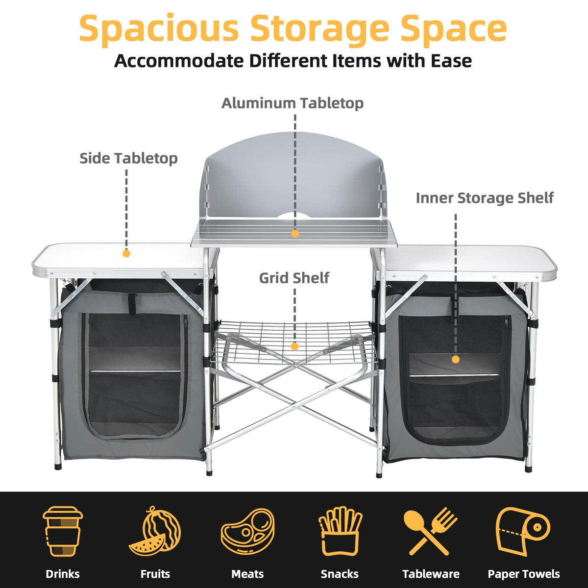 Giantex Camping Kitchen Station, Folding Grill Table with 26'' Tabletop, 2 Side Tables, Storage Organizer, Detachable Windscreen, Portable Camp Cook Outdoor Prep Station Backyard BBQ Picnic (Grey)