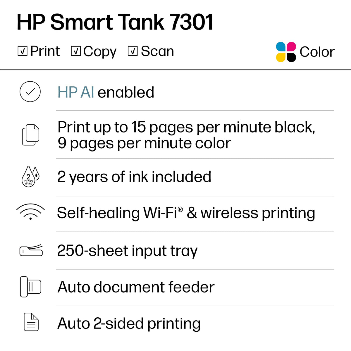 HP Smart Tank 7301 Wireless All-in-One Ink Tank Printer, Scanner, Copier with 2 Years of Ink Included, Best-for-Home Office, Cartridge-Free Refillable, AI-Enabled (28B70A)