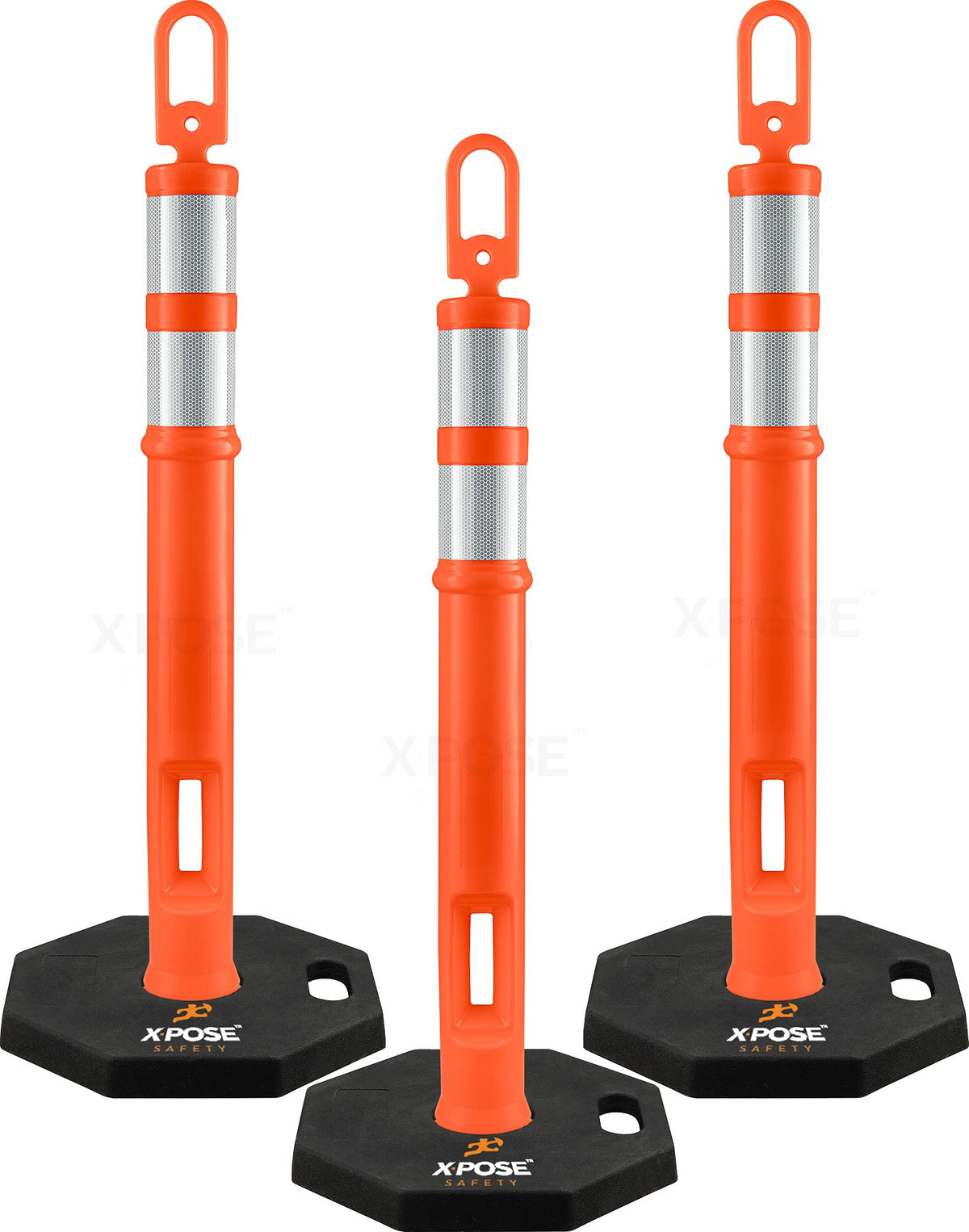 Xpose Safety 45" Orange Delineator Posts with Base, 3-Pack – Ring Top, 10" Reflective Band, 13 lb Rubber Base – Traffic, Parking, Construction, Events