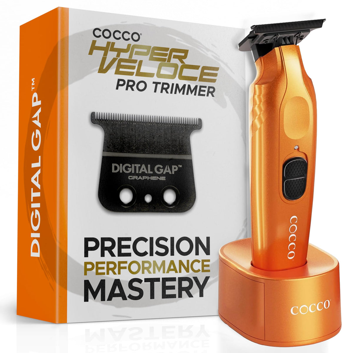 Cocco Hyper Veloce Pro Trimmer, Digital Gap Graphene Blade Edger, High-Torque Brushless BLDC Motor, Cordless, All-Metal Design, Lithium-Ion Battery, Charging Base Included, Orange