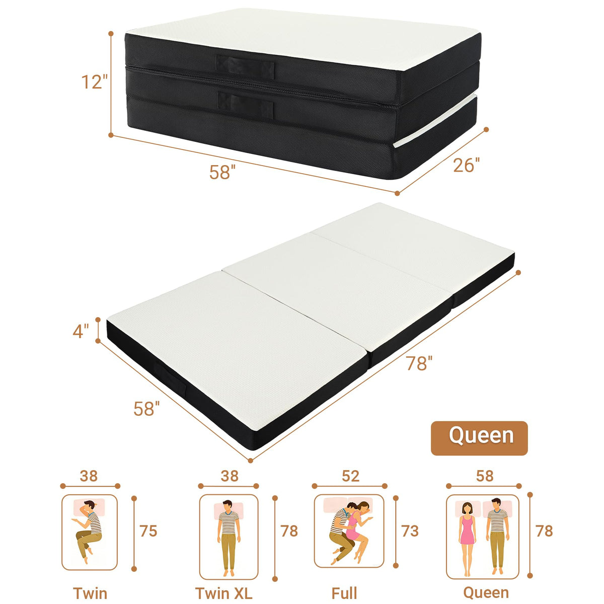 FurryWee Foldable Mattress Queen, Memory Foam Tri Fold Mattress with Removable Washable Cover, 4 inch Folding Floor Mattresses Sleeping Pad for Guest, RV, Travel, Camping, White, 78"x58"x4"