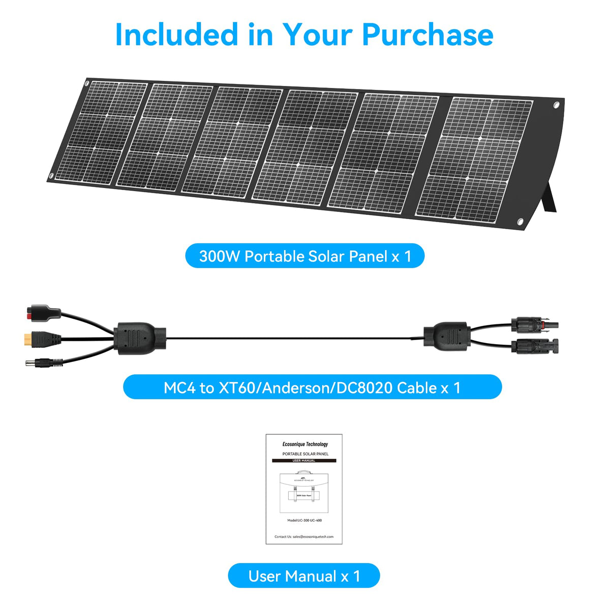 Ecosonique 300W Portable Solar Panel for Most Power Stations, Foldable & Lightweight Solar Suitcase with Kickstands, 40V MC4 & Multi-Output for Solar Generators, RVs, Camping, and Outdoor Use