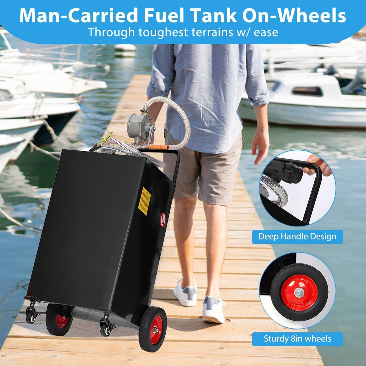 Portable Fuel Transfer Tank, 50 Gallon Heavy-Duty Fuel Caddy with Manual Pump & 4 Wheels, Spill-Proof Gas/Diesel Container for Secure Transport to Tractor, Boat, Truck, Black
