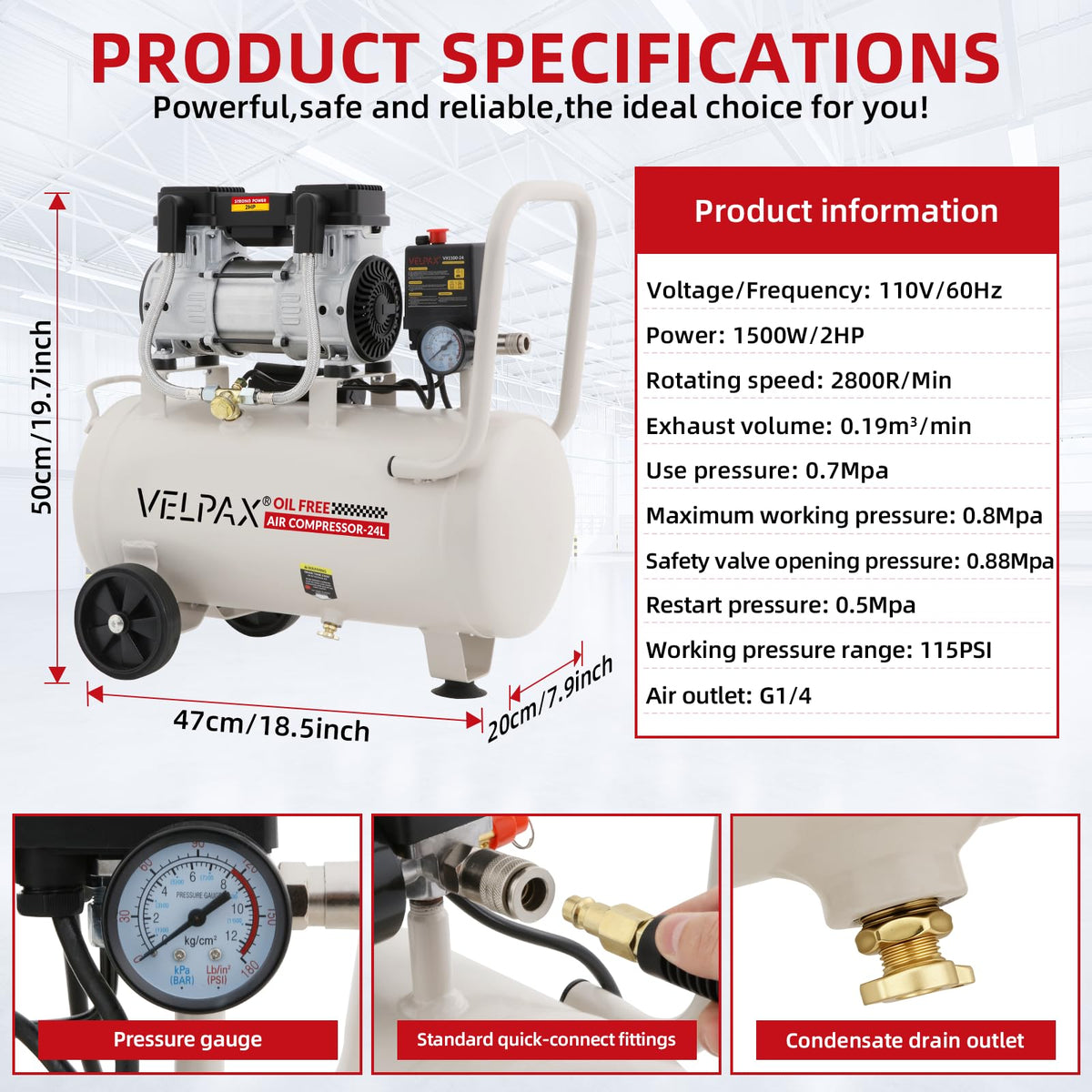 Ultra Quiet Air Compressor, Only 60dB, 6.4 Gallon Tank, Oil-Free, 110V/60Hz 2HP, 6.71CFM@115PSI, Air Compressor Perfect for Spray Painting, Auto Repair, Tire inflation, Woodwork nailing