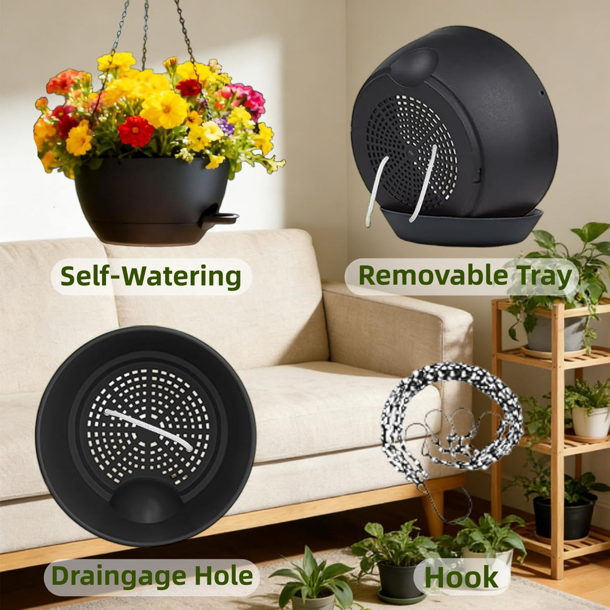 TESSTSY 3 Pack Hanging Planters for Indoor Outdoor Plants, 10 Inch Self Watering Hanging Pots for Plants, Plastic Hanging Flower Baskets for Plants Hanger with Drainage and Tray, Chain (Black)