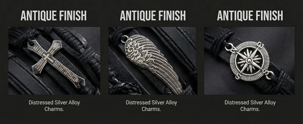 AFIKJHONS Handmade Leather Bracelet Set for Men Women, 6 Pcs Vintage Black Bracelets with Cross Compass Wing Charms, Adjustable Wristband Jewelry