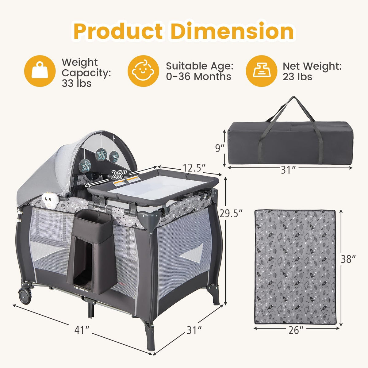 INFANS 4 in 1 Pack and Play, Portable Travel Baby Playard with Bassinet, Changing Table, Canopy, Mosquito Net, Hanging Toys, Music Box, Storage Bag, Large Playpen from Newborn to Toddlers (Grey)