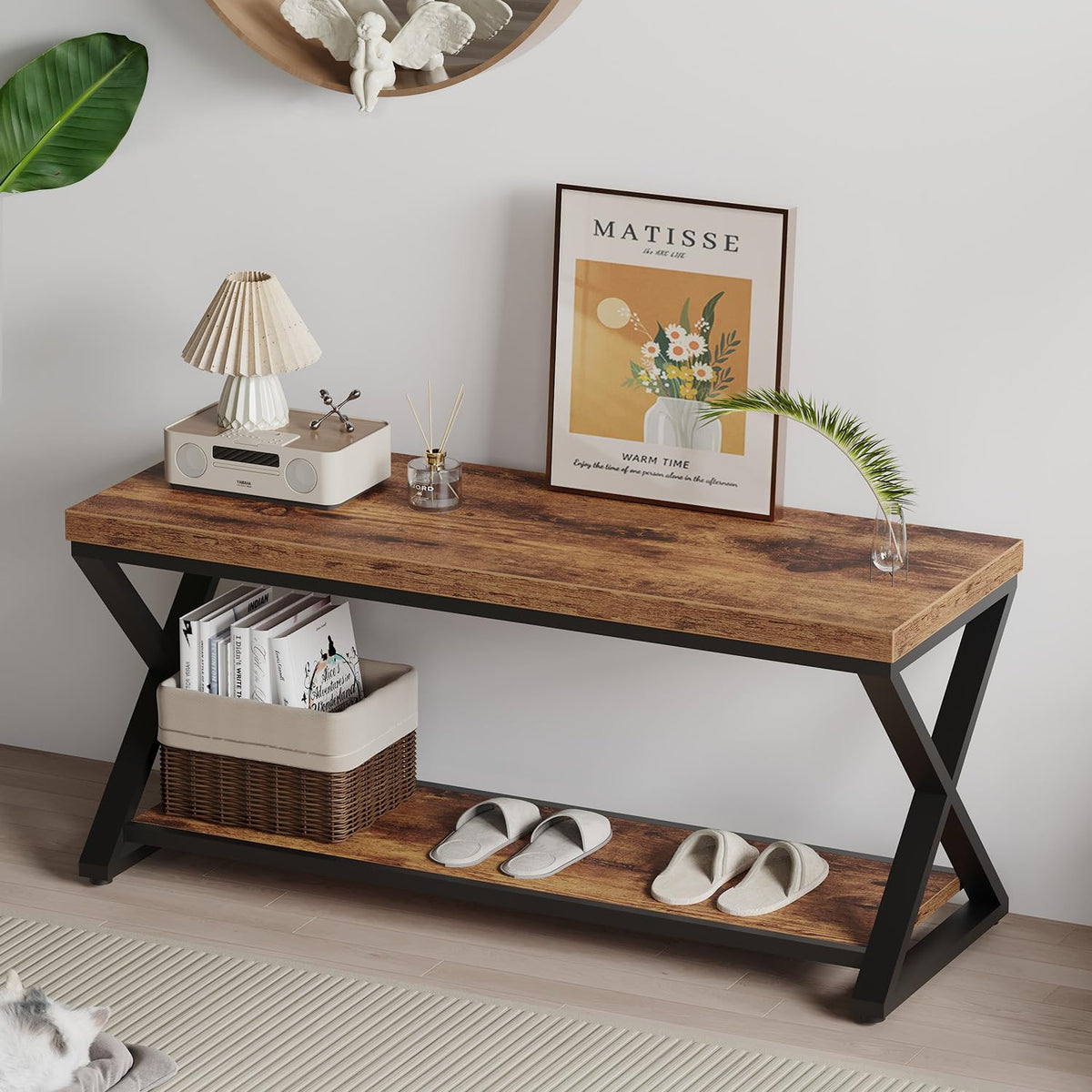 IBF Wooden Bench Indoor, Wood Entry Way Bench with Shoe Storage Rack for Entryway, Industrial Entryway Bench Seat for Foyer Bedroom Living Room Entrance Organization, Rustic Brown Oak, 39 Inch Long