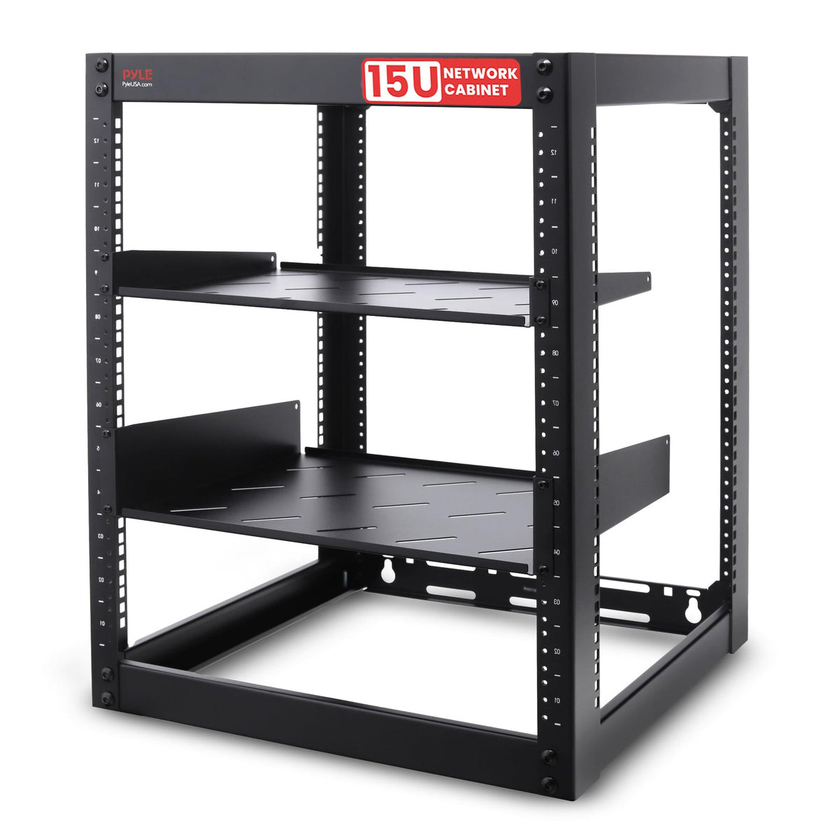 Pyle 15U Network Cabinet - Open Wall Mount Server Rack w/Heavy-Duty Wheels, Wall-Mountable, Steel Construction, Vented Shelves, Easy Access, 19" Equipment Compatible, 20 x 20 x 26 in (Black)