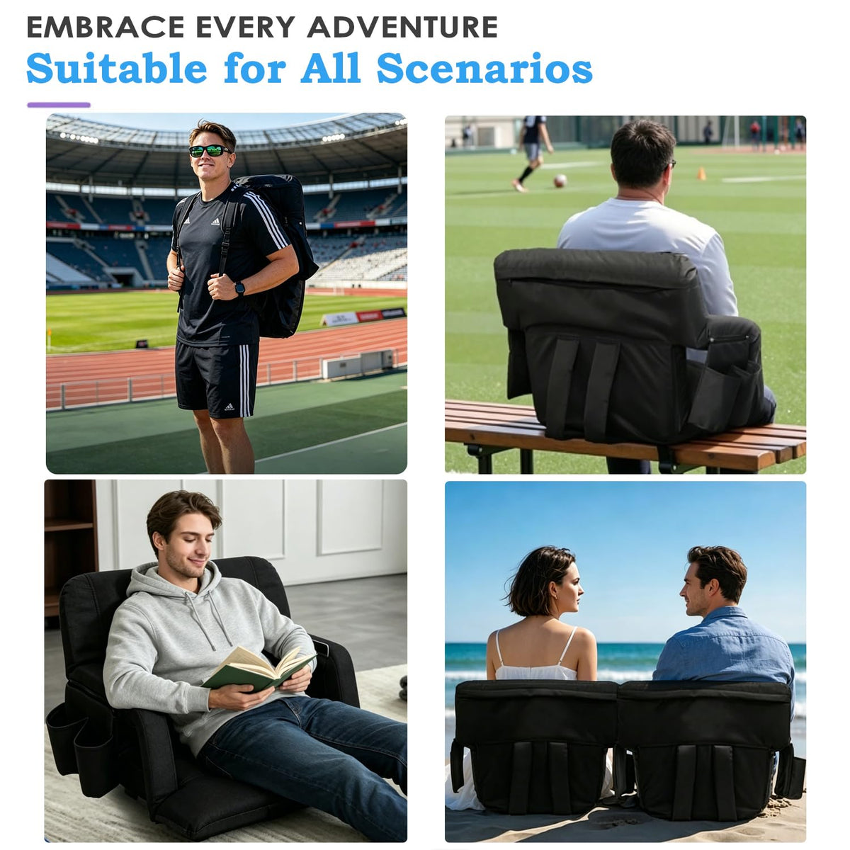Stadium Seats with Back Support 2 Pack, 4.3" Thick Extra Wide Comfy Cushion 6 Adjustable Angle Bleacher Seat with Armrest, "Sofa Style" Design, Ultra-Strong Steel Frame, Multiple Pockets (Black, 25")