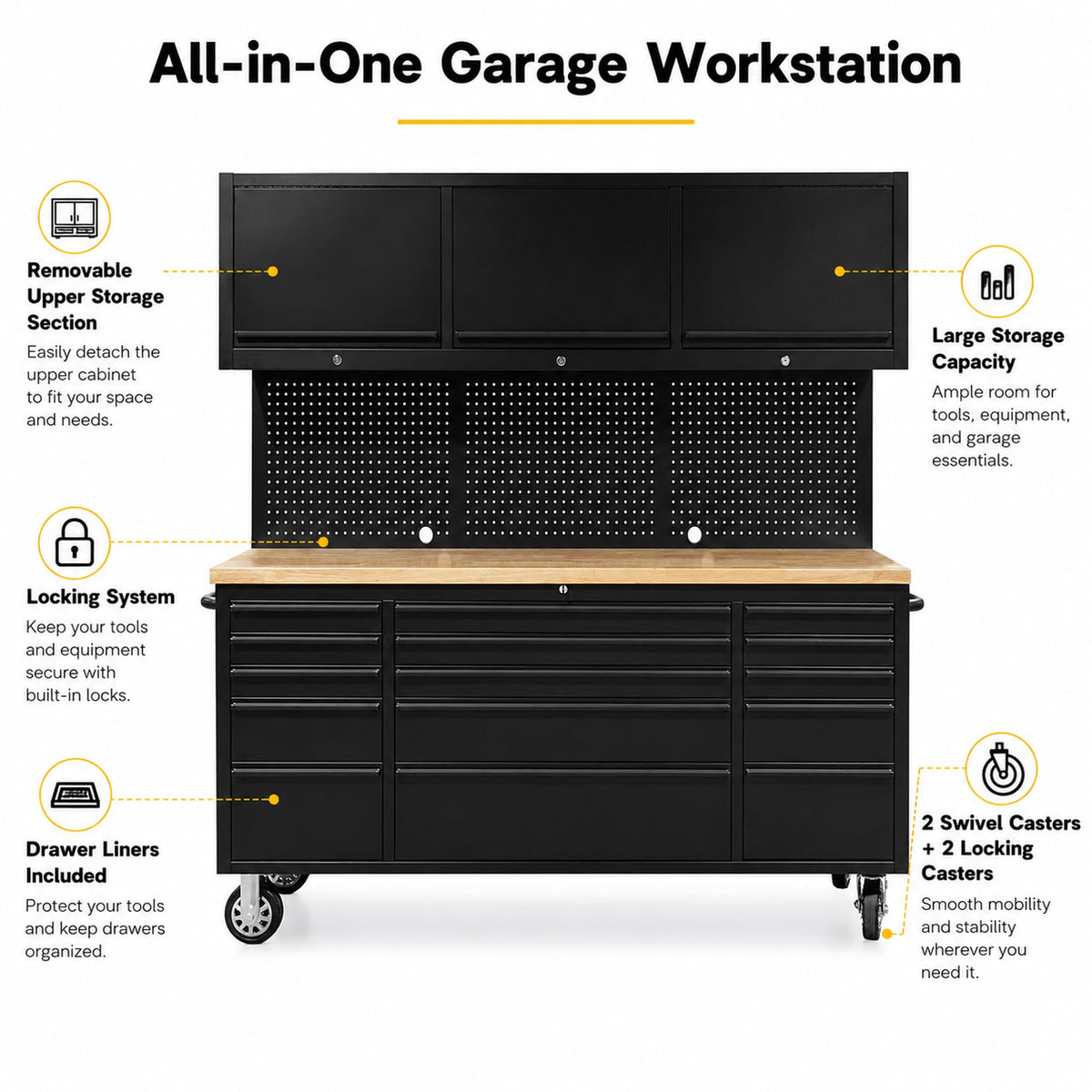 CHETTO C 72 inch Tool Chest Tool Box Mobile 15 Drawers Storage 3 Upper Cabinets SS-Pegboard Rolling Cabinet with Wheels Lock Key Locking System Drawer Liners for Garage Warehouse Repair Shop Black