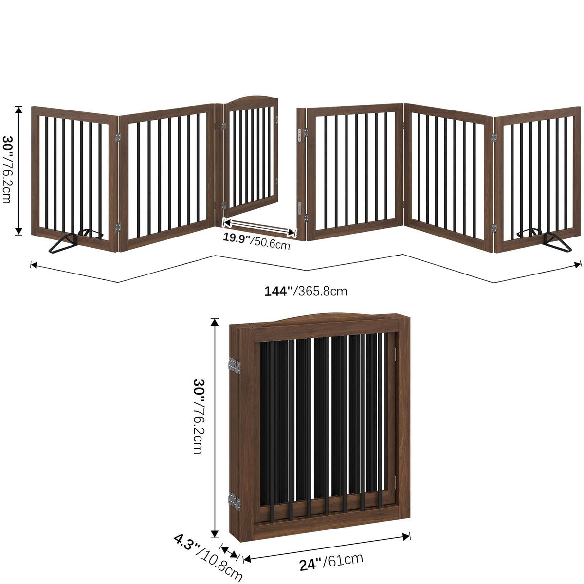 Vantas Folding Pet Gate 144" Wide, 30" Tall No-Assembly Wooden Dog Gate with Door Walk Through, Freestanding Puppy Safety Fence, with 2PCS Support - Brown
