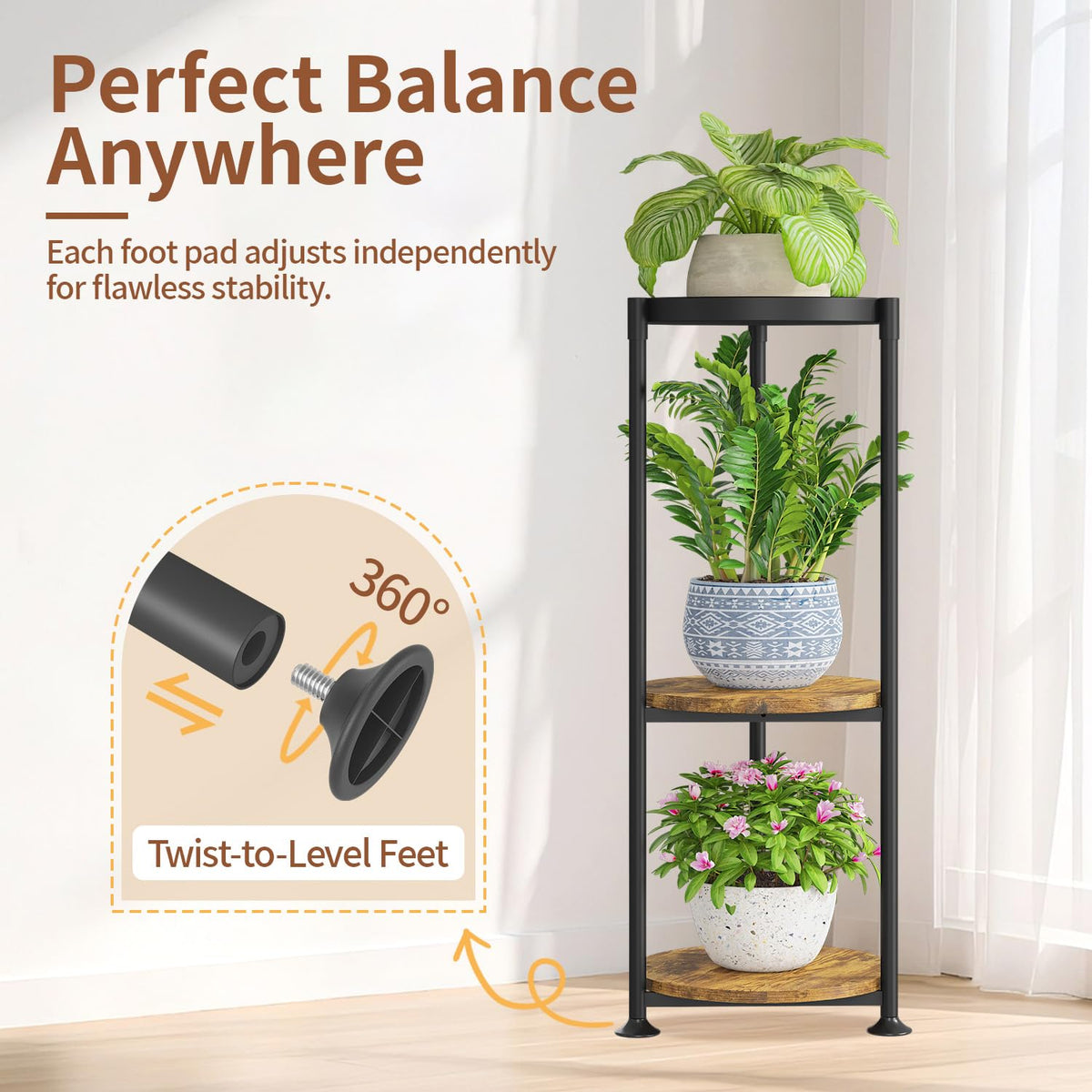 LASZOLA 3 Tier Black Plant Stand Indoor for Large Tall Heavy Duty Flower Planter, Metal Vertical Multi Level Rack for Narrow Floor Corner, Sturdy Round Holder Organizer, Modern, Mid Century, Farmhouse