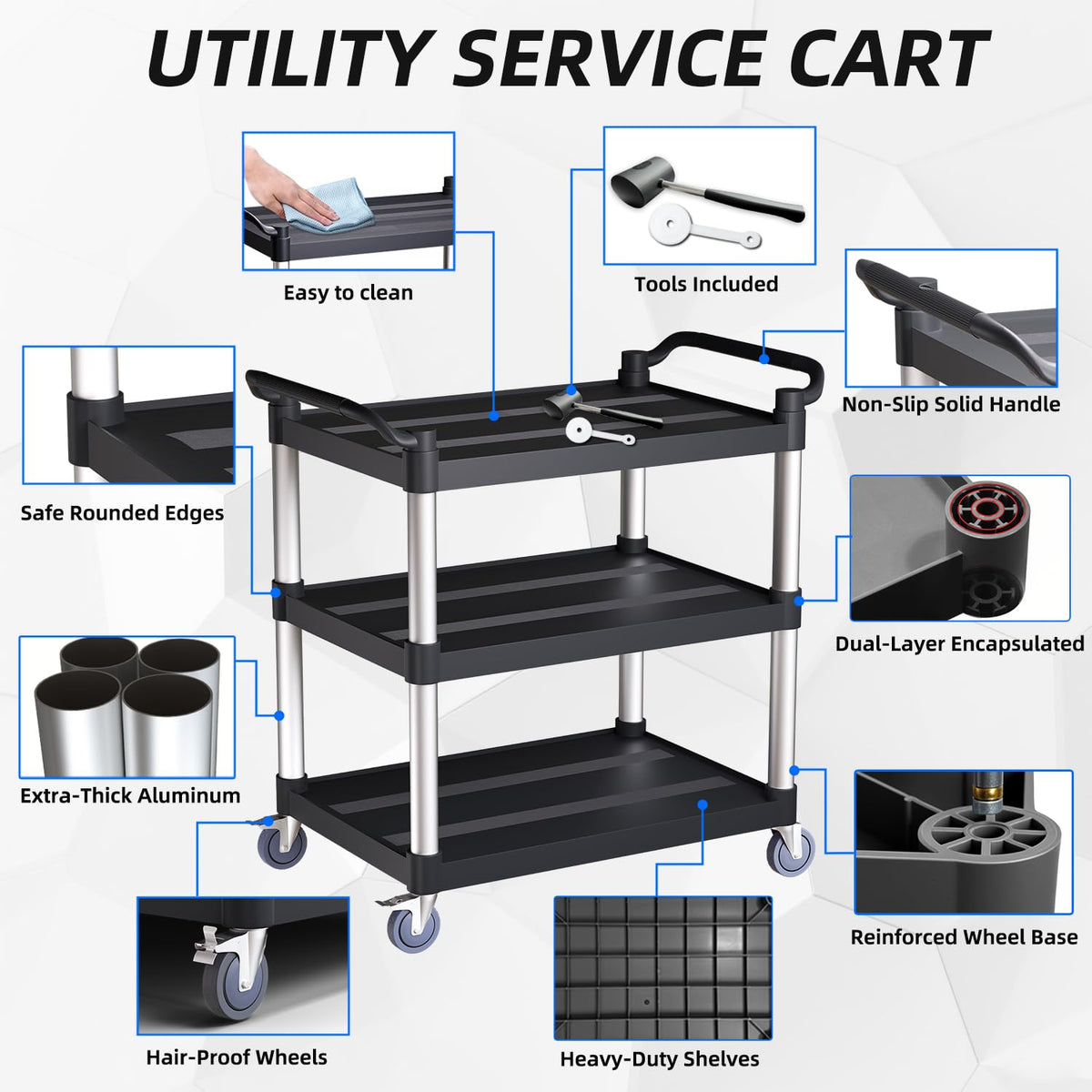 Utility Cart with Tangle-Free Wheels, 3 Tier Rolling Cart with Wheels(2 with Brakes), Heavy Duty 350 Lbs Capacity,Commercial Serving Cart for Home, Office, Restaurant, Warehouse.34 L x 17" W x 38" H
