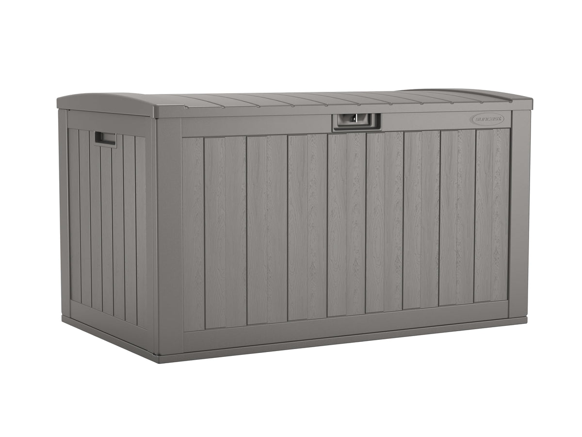 Suncast 134-Gal. Resin Extra-Large Outdoor Patio Deck Box with Pad-Lockable Lid, Modern Outdoor Patio Bench/Storage Box for Cushions, Garden Tools, and More, Dove Gray