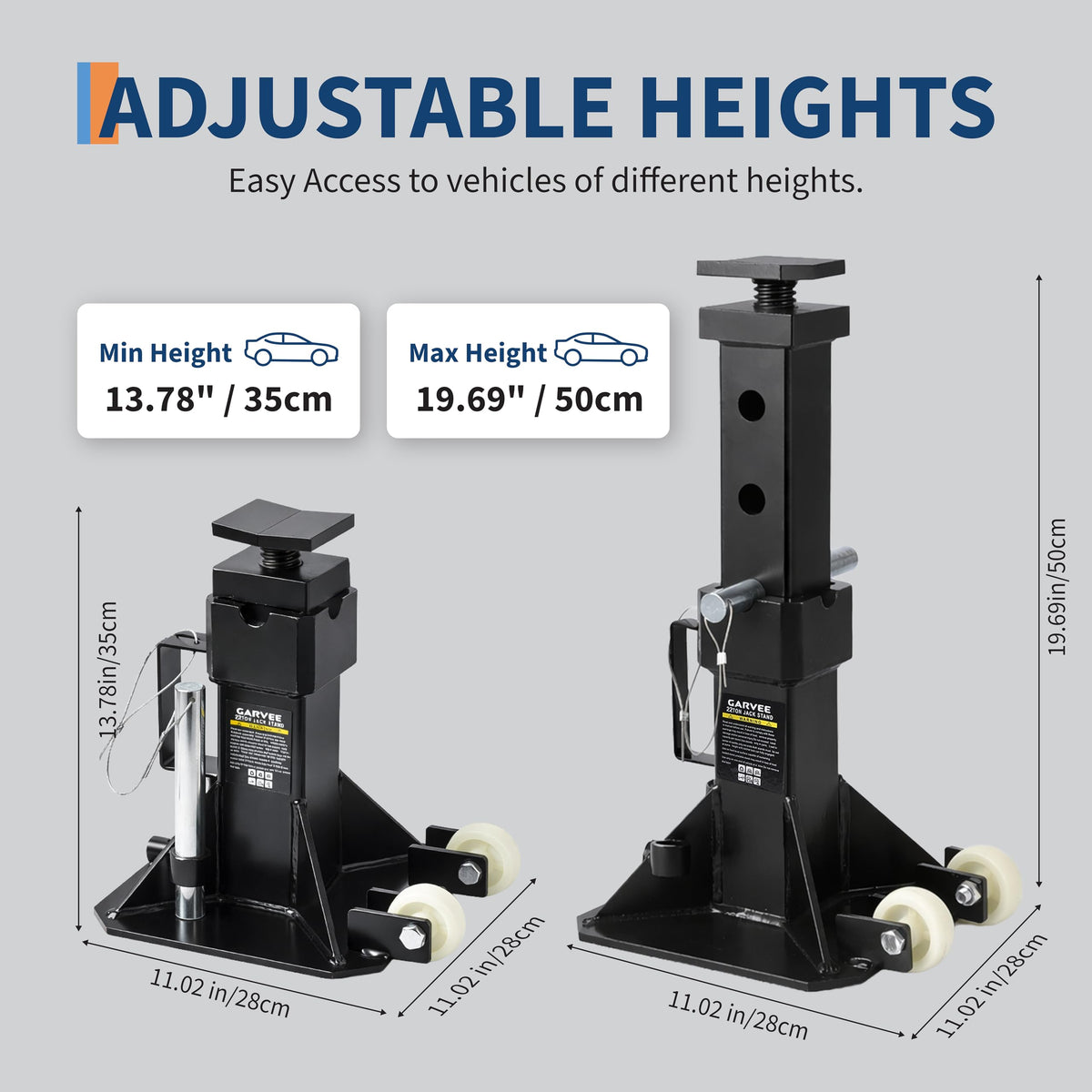 22 Ton Jack Stands,Heavy Duty Pin Type Car Jack Stand with Lock,2 Caster Wheels AndWide Base Safety Design for Supporting Trucks, Trailers and Equipment,Adjustable Height 13.8"-19.7",Black,1 Pair