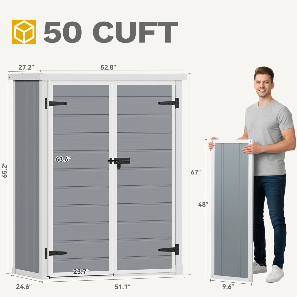 DWVO Outdoor Tall Storage Shed 50 Cuft with 2 Shelves, 4.3x2x5.5ft Vertical Tool Shed with Floor & Lockable Doors, Sturdy Double-Wall Plastic Cabinet for Garbage Cans and Garden Equipment