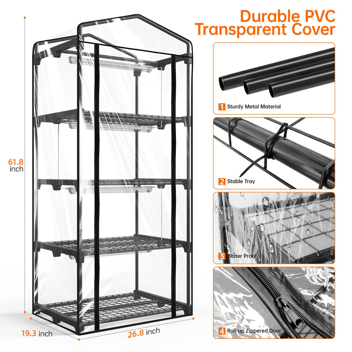 Bstrip Indoor Greenhouse with Grow Light, Mini Green House with 4 Pack 20W Full Spectrum Plant Lights with Timer, Plant Shelf with Tent for Indoor Plant, Seed Starting, Seed Tray, 27.2"x19.9"x61.8"