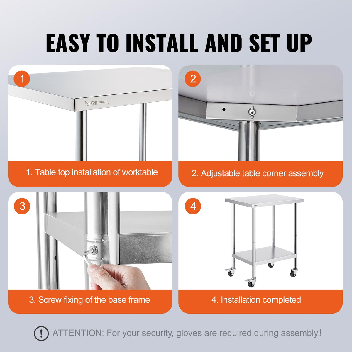 VEVOR Stainless Steel Work Table 24 x 30 x 38 Inch, with 4 Wheels, 3 Adjustable Height Levels, Heavy Duty Food Prep Worktable for Commercial Kitchen Restaurant, Silver