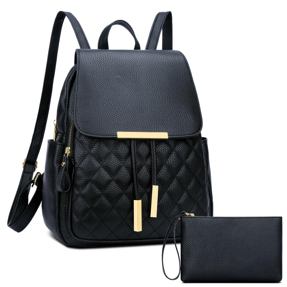 KKXIU Quilted Trendy Leather Backpack Purse for Women and Ladies Shoulder Travel Daypacks Bags with Wristlets(Y-Black)