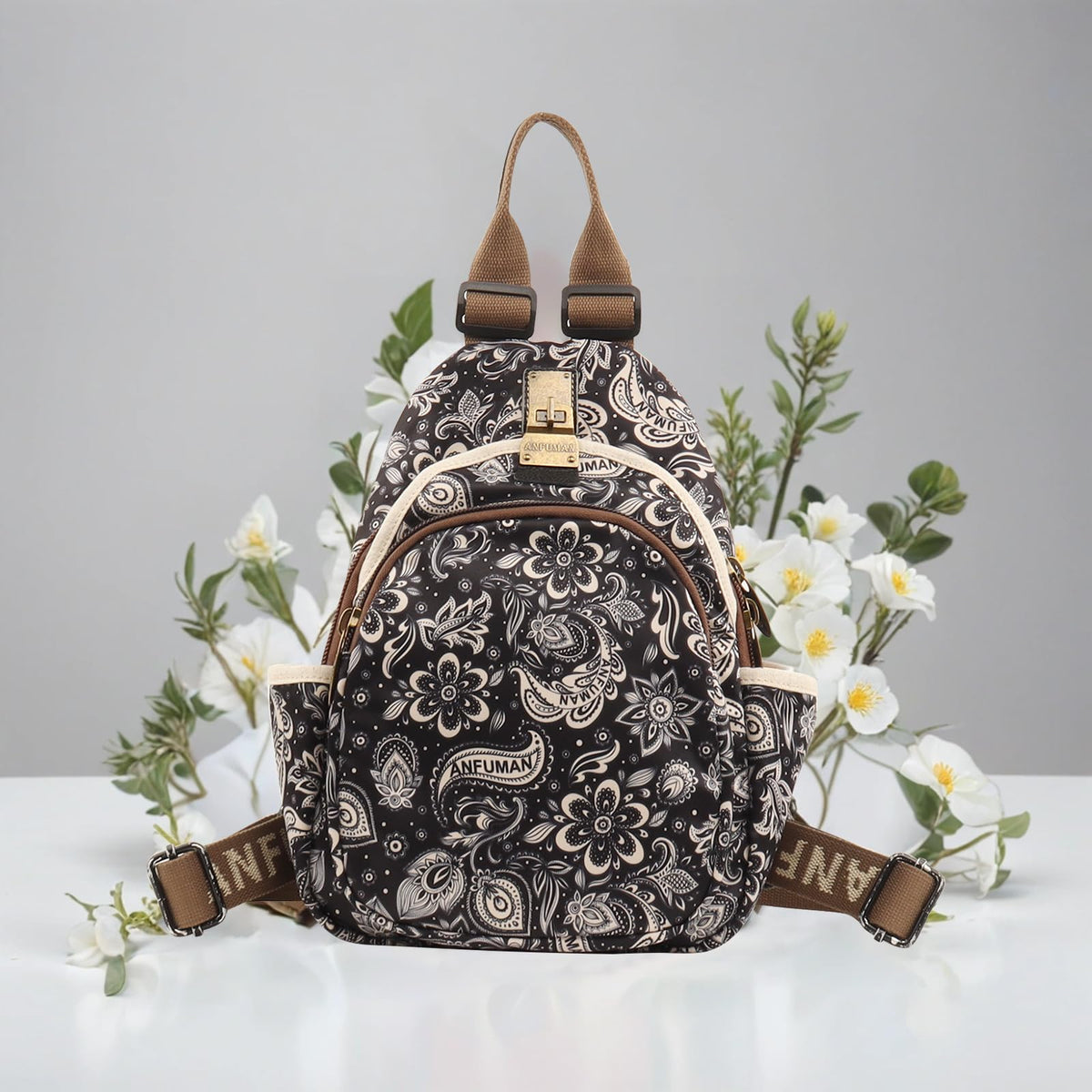 ANFUMAN Small Backpacks Purse for Women Mini Waterproof Colorful Print Leisure Travel Bags (Black Flower)