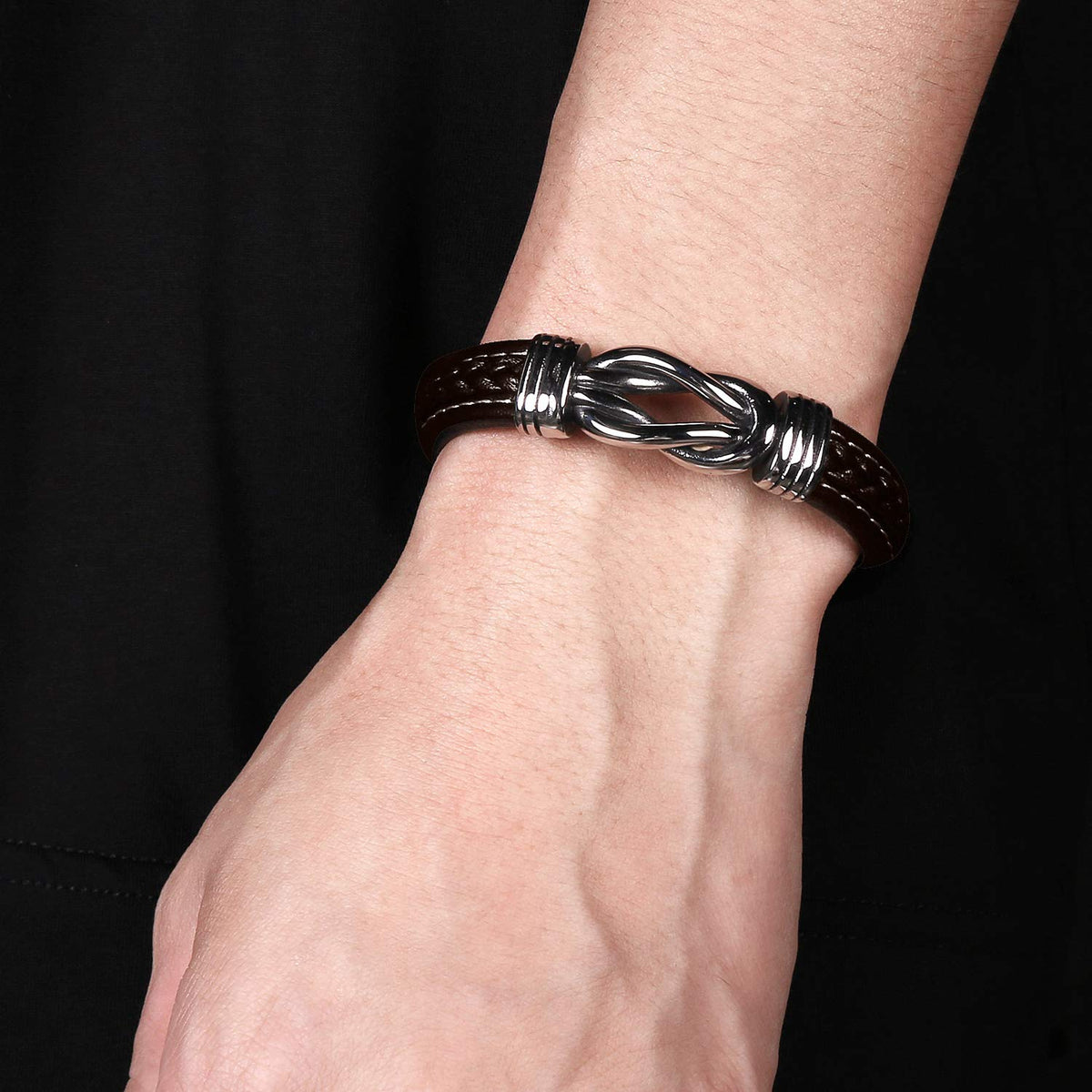 LJWVX Mens Leather Bracelet,Braided Leather Wristband Cuff Bracelets Stainless Steel Clasp,Jewellery Gift for Men Brown 8.5inch
