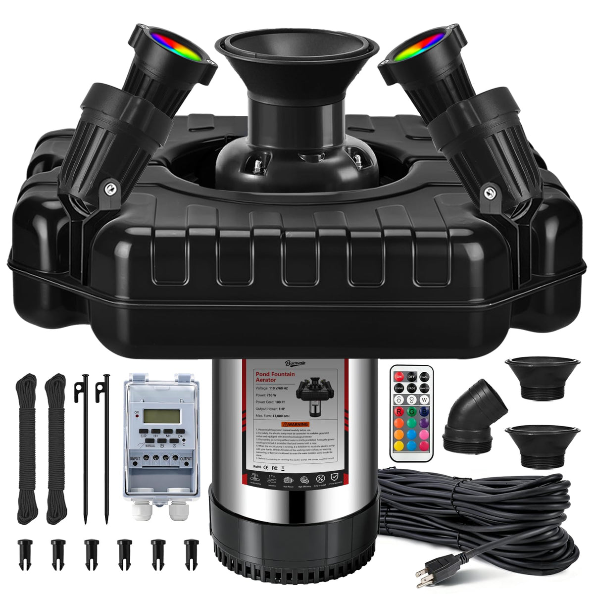 Burnvale Pond Fountain Aerator, 1HP 110V 750W Floating Pond Fountain, With4 RGB Lights，100 FT Power Cord，Waterproof Timer，2x100 FT Traction Rope，Floating Water Fountains for Ponds