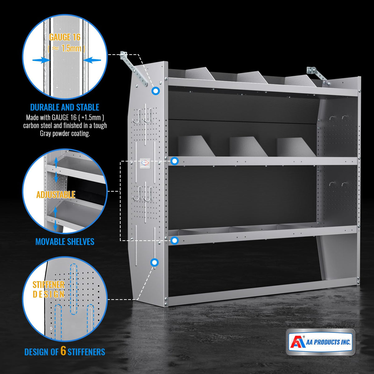 AA Products Inc. SH-4605 Steel Low/Mid/High Roof Van Shelving Storage System Fits Transit, GM, NV, Promaster, Sprinter and Metris, Contoured Shelving Unit, 52" W x 46" H x 13" D