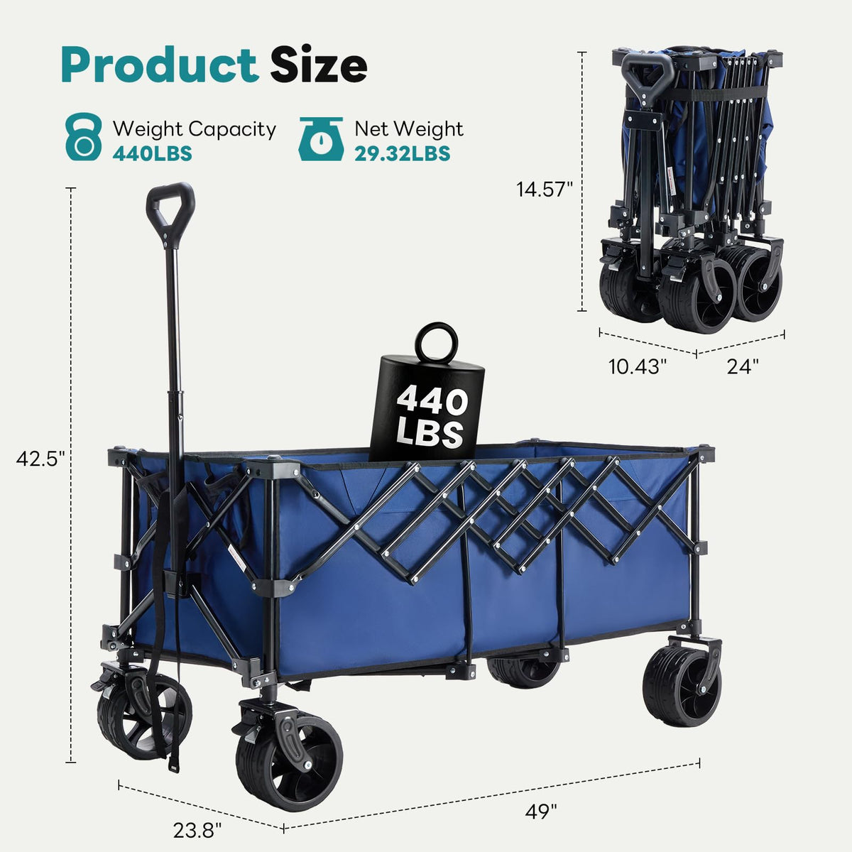 DUMOS 49''L Collapsible Extended Wagon with 440LBS Capacity, Heavy Duty Wagons Garden Cart with All-Terrain Big Wheels & Drink Holders, 250L Foldable Carts for Sports, Shopping, Camping, Blue