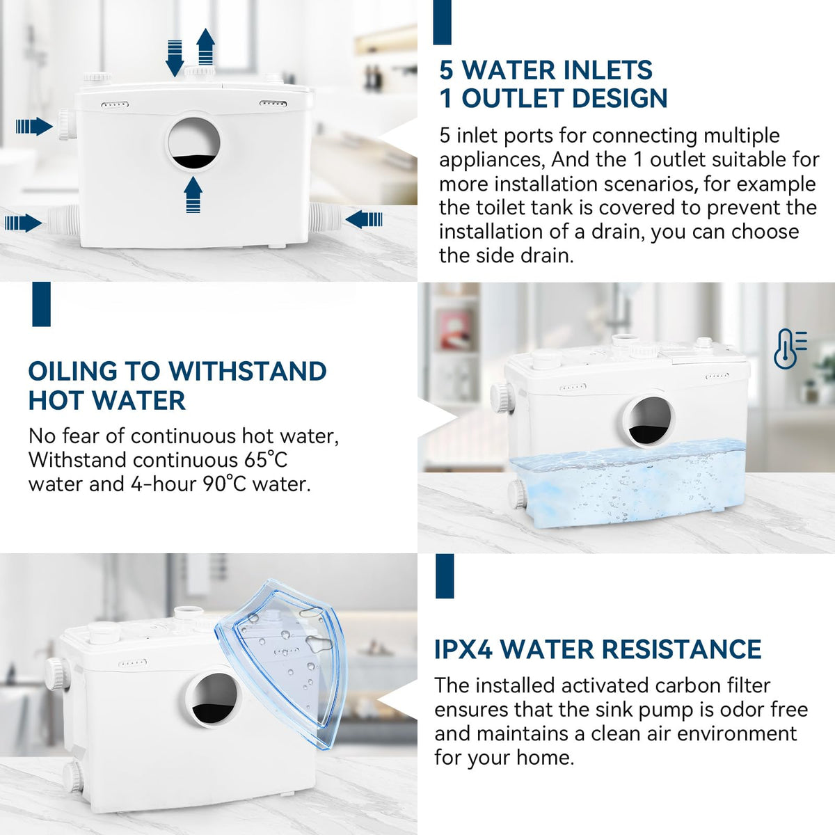 1500W Macerator Pump with Grinding Blade Toilet Pump Utility Sink Pump Upflush to 32.8FT 2800GPH Macerating Toilet System with 5 Water Inlets 1 Outlets for Toilet Sink Shower Laundry Kitchen Basement