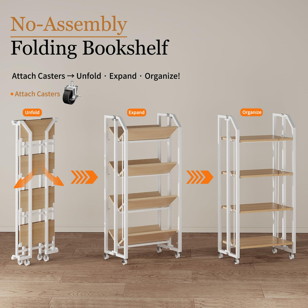 VYRIVA No Assembly Double-Sided Folding Bookshelf for Living Room, 4 Tier Collapsible Book Shelf for Home Office, Portable Bookcase Storage Organizer