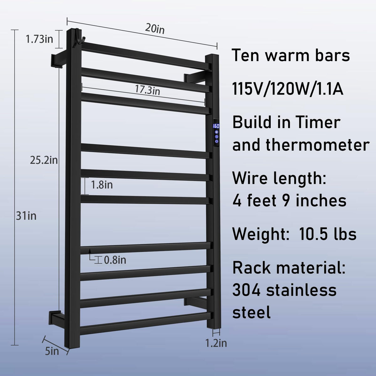 XBVV Black Towel Warmer Rack for Bathroom with Timer/Fahrenheit Display Electric Heated 10 Bars Drying Rail Plug-in or Hardwired Wall Mounted Heating Bath Towel Warming(Matte Black)